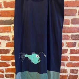 Navy Blue Midi Skirt with Angler Fish Embroidery